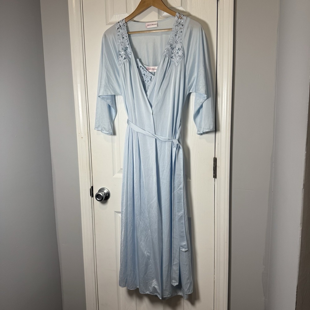 Shadowline Gown & Robe Set Blue Floral Embroidered Trim Womens Size Small VTG